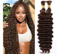 Human Braiding Hair for Boho Braids 100g 24 Inch Color 4 Brown Deep Wave Boho Bulk Human Hair for Braiding Knotless 10A Wet and Wavy Bohemian 2 No Weft Bundles/Pack Curly Braids