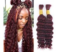 Human Braiding Hair for Boho Braids Burgundy Deep Wave Bulk Human Hair for Braiding 16 Inch 2 Bundle 100G #99J Wet and Wavy Curly Red No Weft Bundles
