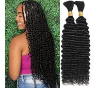 Human Braiding Hair for Boho Braids Deep Wave Bulk Human Hair 100g 20 Inch 12A Knotless Boho Braiding Curly 100% Virgin No Weft Extensions Bohemian Braids 2 Bundles/Pack Natural Color