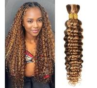 Human Braiding Hair for Boho Braids Deep Wave Bulk Human Hair for Braiding 2 Bundles 100g Knotless 100% Unprocessed Brazilian Virgin Hair Extensions Brown Highlight Bulk Bohemian 16 Inch Ombre 4/27