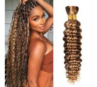Human Braiding Hair for Boho Braids Deep Wave Bulk Human Hair for Braiding 2 Bundles 100g Knotless 100% Unprocessed Brazilian Virgin Hair Extensions Brown Highlight Bulk Bohemian 18 Inch Ombre P4/27