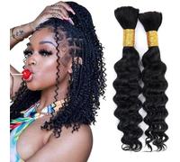 Human Braiding Hair for Boho Braids Human 100g 14 Inch Curly Boho Hair for Braiding Knotless 12A Deep Wave Bulk Bohemian 2 Bundles/Pack Natural Color