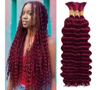 Human Braiding Hair for Boho Braids Human Hair 3 Bundles/Pack 110g 24 Inch Deep Wave Bulk Human Hair for Braiding Curly Knotless 12A Brazilian Virgin Burgundy