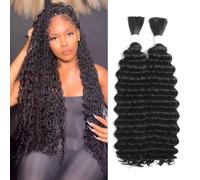 Human Braiding Hair for Boho Braids Mixed Synthetic Hair 2Bundles 160g for Boho Braid Human Hair Deep Wave Bulk Human Hair for Braiding No Weft Hair Extensions for Bohemian Braids 24 inch (1B)