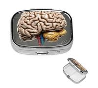 Human Brain Pill Box 2 Compartment Square Portable Pill Case for Pocket or Purse Small Weekly Medicine Planner Travel Pillbox with Mirror Decorative Metal Vitamin Holder Gifts