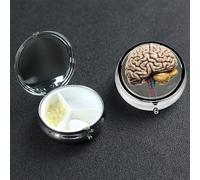 Human Brain Pill Box 3 Compartment Round Portable Pill Case for Pocket or Purse Small Weekly Medicine Planner Travel Pillbox with Mirror Decorative Metal Vitamin Holder Gifts