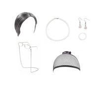 Human Curly Hair Wigs for Women Old Lady Costume For Women Grandma Wig Cap Glasses Chain Pearl Necklace Earring Bracelet(7 Pieces) Tortoise Hair Clip (Grey, One Size)