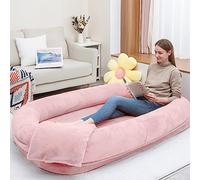 Human Dog Bed 63”x36.6”x11” Large Dog Bed with Raised Cushioned Rim, Removable Cover, Waterproof Lining and Bonus Blanket; Washable-Luxury Fluffy Nap Bed (63"x36.6"x11", Pink)