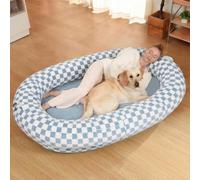 Human Dog Bed for People Large - Bean Bag Adult Size Giant Extra Sized for Kid Waterproof and Washable Anti-Slip 74"x50"x12" - Blue Grid