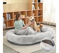 Human Dog Bed, Human Dog Bed for Adults Large Human-Sized Big Dog Bed for People and Pets,Washable Fluffy Faux Fur Cover with a Soft Blanket-75.5"x 55"x 12" -Light Grey