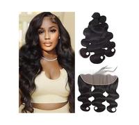 Human Hair Body Wave 3 Bundles with Frontal Natural Color Brazilian Remy Hair Weave Bundles with 13x4 Transparent Lace Frontal(28 30 32Closure 22)