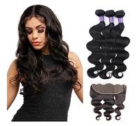 XUJUAN-0227 Human Hair Bundles 3 Body Wave Bundles with 13x4 Lace Frontal Closure Transparent Remy Human Hair Weave Black Remy Brazilian Hair Extension Hair Extension(22 22 22 with 10)