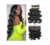 Human Hair Bundles Body Wave 3/4 Bundles with Frontal, Natural Black Brazilian Human Hair Weave Bundles with 13x4 HD Lace Frontal Remy Hair Extensions Hair Extensions(20 22 24 26Closure18)