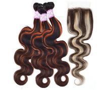 Human Hair Bundles Body Wave Orange Human Hair Weave 3 Bundles with Closure and Frontal Highlight Blonde Lace Frontal with Bundles Remy Human Hair Hair Extension(4" x 4",22 22 22 22 and20)