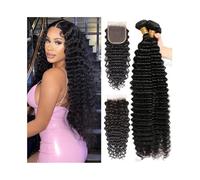 Human Hair Bundles Brazilian Hair Deep Wave 3 Bundles with Closure Curly Remy Human Hair Extensions 4x4 Lace Closure with Baby Hair Free Part Hair Extensions(14 16 18 Closure 12)