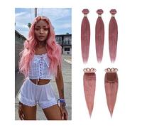 Human Hair Bundles Bundles with Closure Straight Pink Human Hair Bundles with Closure 3 Brazilian Hair Weave Bundles Fast Hair Extension(18 20 22+16Closure)