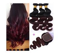 Human Hair Bundles Burgundy Bundles with Closure Body Wave Ombre Bundles With Closure 1B/99J Two Tone Human Hair Weave Colored Bundles Hair Extension(8 8 8 with 8,Middle Part)