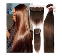 Human Hair Bundles Chocolate Brown Straight Human Hair Bundles with 4x4 Lace Closure Frontal 10"-32" Remy Brazilian Hair Weave Bundles with Closure Hair Extension(13" x 4",30 30 30 and20)
