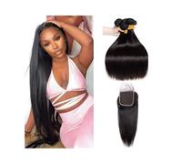 Human Hair Bundles for Women, Natural Color 12-26 Inch Straight Brazilian Hair Bundles with 4x4 Lace Closure Free Part(22 22 22+Closure20)