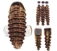 Human Hair Bundles Highlight Human Hair Bundles Loose Deep Wave Bundles with Closure 4x4 Lace Closure with Bundles Brazilian Remy Honey Blonde Bundles Hair Extension(28 28 28 with 18)