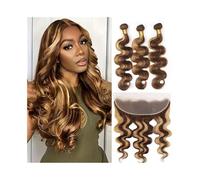 Human Hair Bundles Highlighted Body Wave Bundles with Frontal, P4/27 Color Brazilian Human Hair Double Weft Bundles with 13x4 Lace Frontal Hair Weave Bundles(28 28 28 Closure 20)