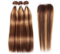 Human Hair Bundles Highlighted Straight Human Hair Bundles with 4x4 HD Lace Closure Pre-Plucked P4/27 Color Peruvian Remy Hair Extention 220g/Set Hair Extensions(20 20 20 20 with 14)