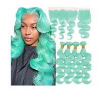 Human Hair Bundles Light Green Body Wave Hair 3 Bundles with Closure Brazilian 100% Human Hair Weave Bundles with Closure Frontal Hair Extension(4" x 4",12 12 14 14 with 10)