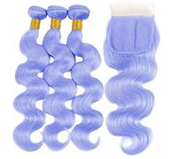 Human Hair Bundles Light Purple Blue Colored Body Wave Human Hair Weave 3 Bundles with Frontal Body Wave Human Hair Bundles with Closure 3/4 Remy Hair Brazilian Hair Weave Bundles Hair Extension(13" x