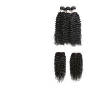 Human Hair Bundles Natural Black Remy Curly Bundles with Closure 10-30 Inch Remy Brazilian Hair Weave Bundles 3/4 Kinky Curly Bundles Hair Extension(Middle Part,12 12 12+10Closure)