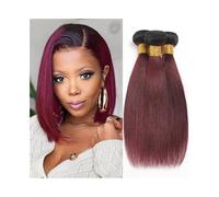 Human Hair Bundles Ombre Burgundy Bundles Short Straight Human Hair Bundles 1/2/3 Pcs 1B/99J Brazilian Unprocessed Remy Hair Weave Extensions for Women Hair Extension(14 14 14)