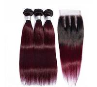 Human Hair Bundles Orange Straight Human Hair Bundles 4x4 Lace Closure with Bundles Brazilian Ombre Hair Weave Burgundy Bundles with Closure Remy Human Hair for Women Hair Extensions(1B 99J,12 14 16 w