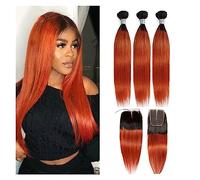 Human Hair Bundles Orange Straight Human Hair Bundles 4x4 Lace Closure with Bundles Brazilian Ombre Hair Weave Burgundy Bundles with Closure Remy Human Hair for Women Hair Extensions(1B 350,24 24 24 w