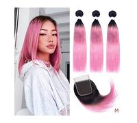 Human Hair Bundles Pink Red Hair Bundles with 4x4 Closure Transparent Lace Straight 10-22 inch Rose Red Remy Human Hair Extensions Straight Bundles Hair Extensions(Color:16 16 16 with 14)