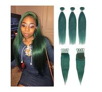 Human Hair Bundles Remy Bundles with Closure Green Straight Human Hair Bundles with Closure 3 Remy Brazilian Hair Weave Bundles Hair Extension(14 14 14+12Closure)