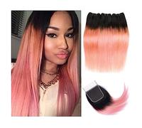 Human Hair Bundles Straight Bundles with 4x4 Lace Closure Hot Pink Rose Golden Luxury Pre-Colored Remy Human Hair Extensions Hair Hair Weave Bundles(12 14 with 14)