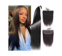 Human Hair Bundles Straight Bundles with Frontal Brazilian Virgin Human Hair Weave 3 Bundles with 13x4 HD Transparent Lace Frontal #1B Natural Color Hair Extensions(14 14 14 Closure 12)