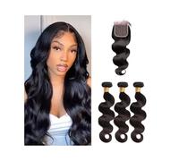 Human Hair Bundles with 4x4 Closure, Double Weft 10-32 Inch Long Body Wave Bundles with Swiss Lace Closure Brazilian Remy Hair(16 16 16 with 14)