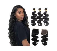 Human Hair Bundles with Closure Body Wave Brazilian Remy Hair Weave 3 Bundles with 4x4 Free Part Swiss Lace Closure Natural Color(16 18 20 Closure 14)