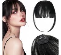 Human Hair Clip in Bangs for Women, Natural Black Clip On Bangs with Air Bangs Style, 100% Real Human Hair Fringe Clip in Hair, Easy-to-Use Fake Fringe for Daily Commute/Dates/Office Hairstyle Changes