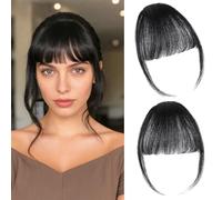 Human Hair Clip in Bangs for Women, Natural Black Clip On Bangs with Air Bangs Style, 100% Real Human Hair Fringe Clip in Hair, Easy-to-Use Fake Fringe for Office/Travel/Daily Wear Hairstyle Changes