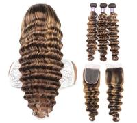 Human Hair Highlight Human Hair Bundles Loose Deep Wave Bundles with Closure 4x4,Lace Closure with Bundles Brazilian Remy Honey Blonde Bundles Hair Extensions(28 28 28 with 18)