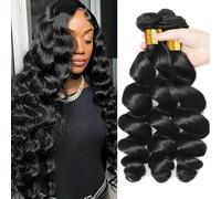 Human Hair Loose Wave Bundles #1B Natural Black Women Hair Extensions 100 Grams Per Bundle Wear and Go(20inch)