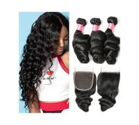Human Hair Loose Wave Bundles with 4×4 Closure Brazilian Remy Hair 3 Bundles with Lace Closure Wave Curly Hair Extension(26 28 28+Closure20)