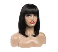 Human Hair Short Bob Wigs with Bangs Straight 200 Density None Lace Front Glueless Machine Made Bob Wigs for Black Women Natural Color Womans Hair Topper(14inch)