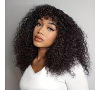 Human Hair Wig For Black Women 16 Inch Short Curly Wigs With Bangs 180% Density Brazilian Kinky Curly Human Hair with Bangs Afro Bob Wig Natural Black