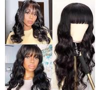 Human Hair Wig with Bangs for Black Women Brazilian Virgin Human Hair Bang Wig Body Wave Human Hair Wigs with Fringe 150% Density Body Wave Wavy Wigs 16 Inch Natural Black Color