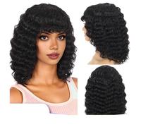 Human Hair Wig with Bangs for Black Women, Glueless Short Water Wave Curly Bob Wigs 180 Density(8 inch)