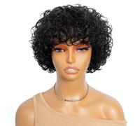 Human Hair Wigs for Black Women Short Bob Side Part Wigs with Bangs Curly Water Wave Wig Glueless Wig (1B, Short)