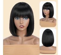 Human Hair Wigs for Women Brazilian Virgin Hair Straight Short Bob Wig with Bangs Glueless Machine Made 150% Density (1B, 10 inches)