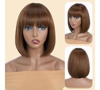 Human Hair Wigs for Women Brazilian Virgin Hair Straight Short Bob Wig with Bangs Glueless Machine Made 150% Density (P4/30, 10 inches)